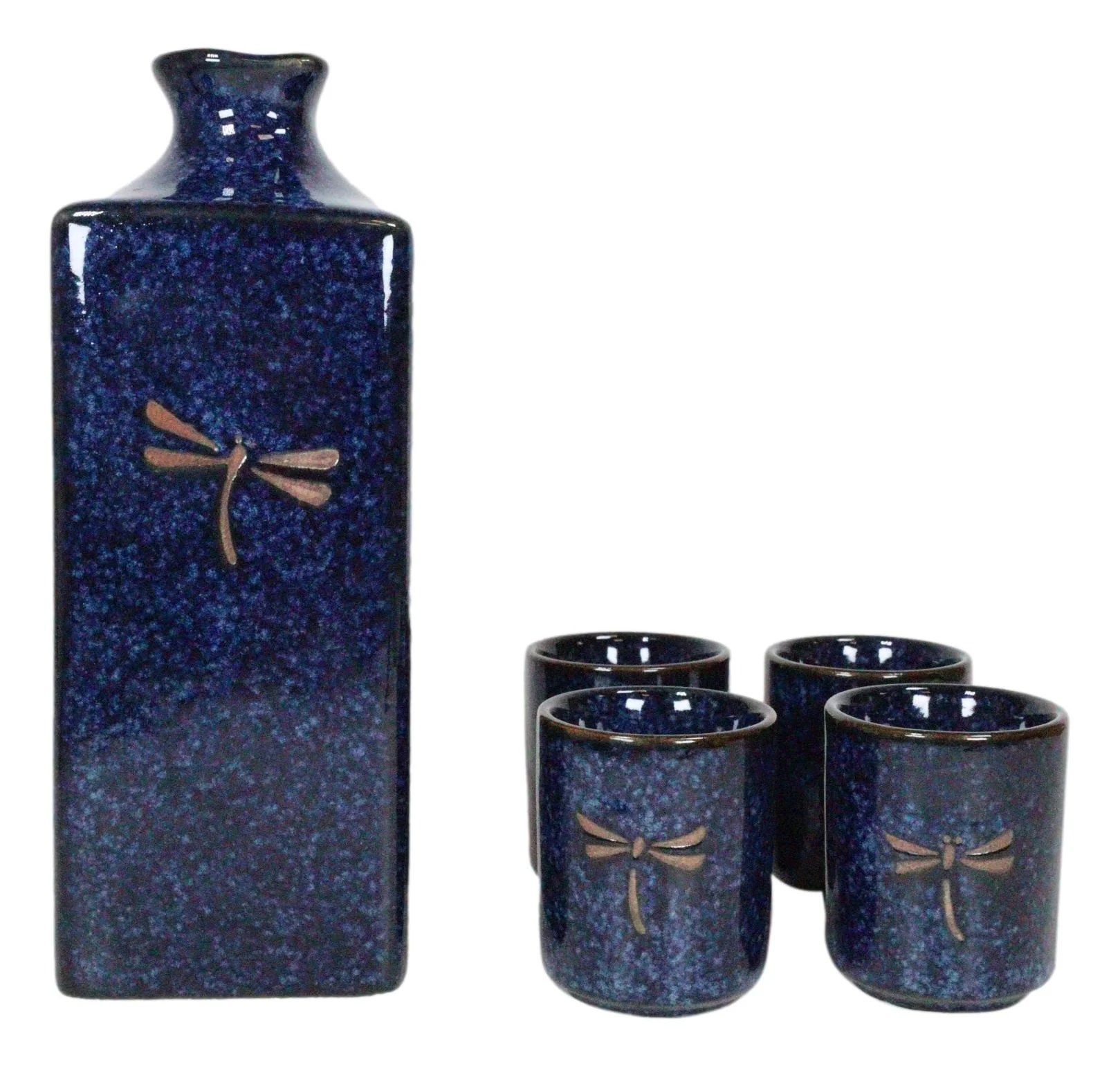 Japanese 14oz Ceramic Midnight Blue Dragonfly Tombo Sake Set Flask With Four Cups - Image 3