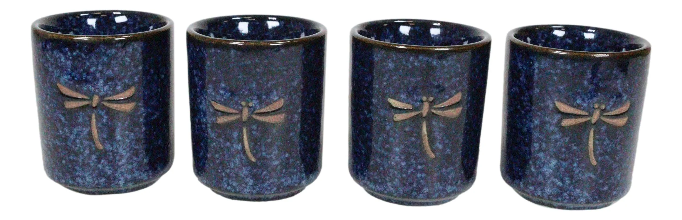 Japanese 14oz Ceramic Midnight Blue Dragonfly Tombo Sake Set Flask With Four Cups - Image 4