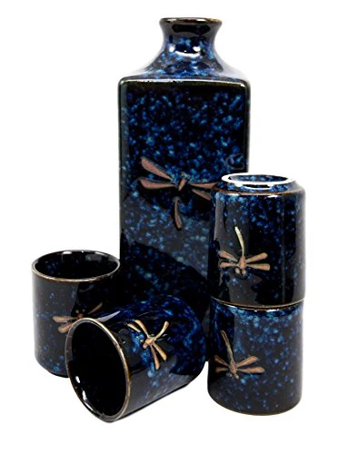 Japanese 14oz Ceramic Midnight Blue Dragonfly Tombo Sake Set Flask With Four Cups - Image 6
