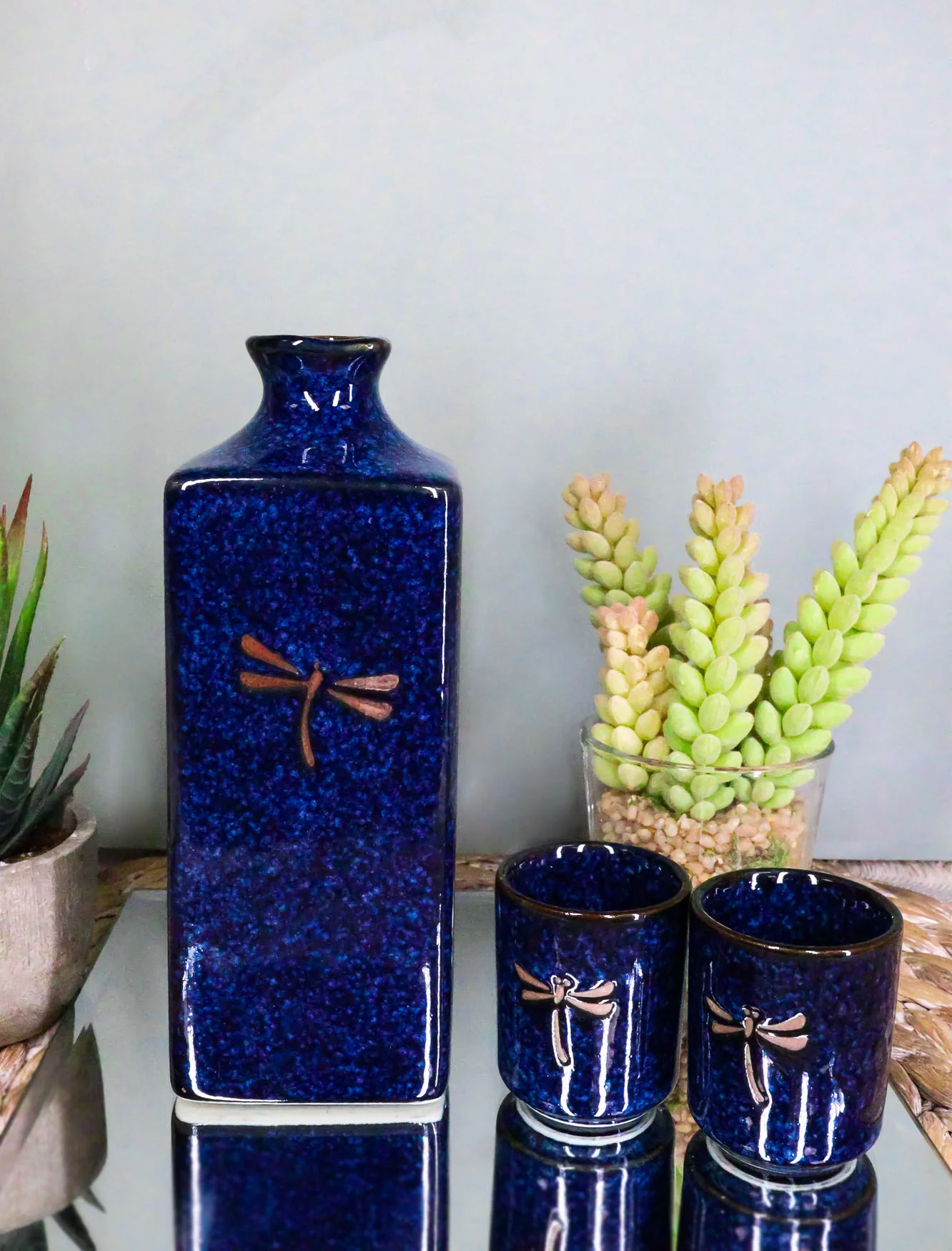 Japanese 14oz Ceramic Midnight Blue Dragonfly Tombo Sake Set Flask With Four Cups - Image 7