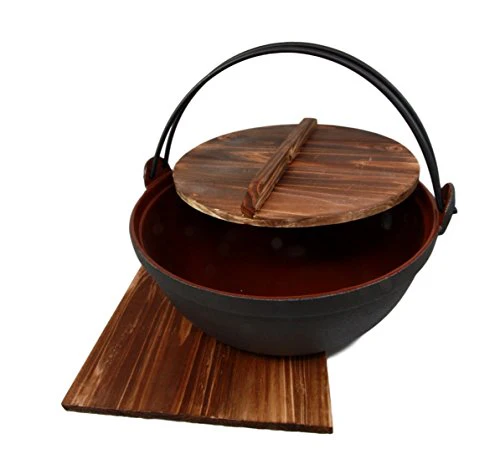 Ebros Gift Japanese Cast Iron Sukiyaki Shabu Shabu Nabe Ramen Personal Size Hot Pot With Wooden Lid 11.5" Diameter - Image 2