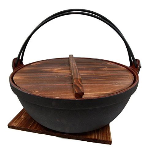 Ebros Gift Japanese Cast Iron Sukiyaki Shabu Shabu Nabe Ramen Personal Size Hot Pot With Wooden Lid 11.5" Diameter - Image 3