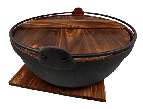 Ebros Gift Japanese Cast Iron Sukiyaki Shabu Shabu Nabe Ramen Personal Size Hot Pot With Wooden Lid 11.5" Diameter - Image 4
