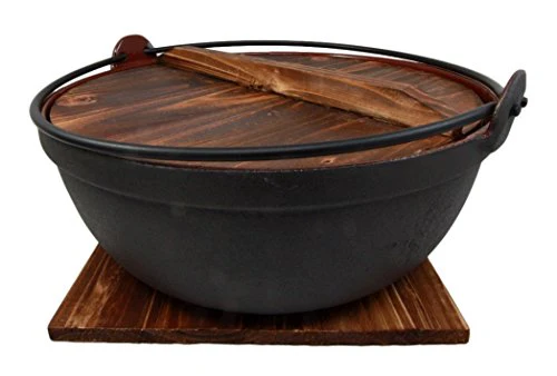 Ebros Gift Japanese Cast Iron Sukiyaki Shabu Shabu Nabe Ramen Personal Size Hot Pot With Wooden Lid 11.5" Diameter - Image 5