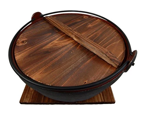 Ebros Gift Japanese Cast Iron Sukiyaki Shabu Shabu Nabe Ramen Personal Size Hot Pot With Wooden Lid 11.5" Diameter - Image 6