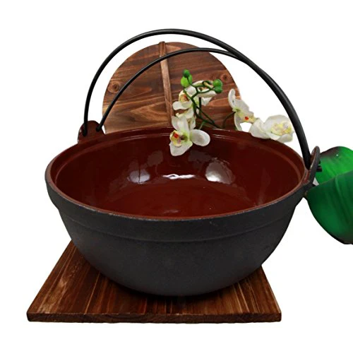 Ebros Gift Japanese Cast Iron Sukiyaki Shabu Shabu Nabe Ramen Personal Size Hot Pot With Wooden Lid 11.5" Diameter - Image 8