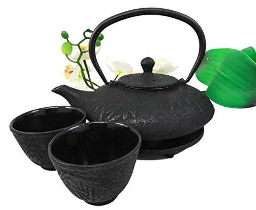 Ebros Japanese Forest Black Heavy Cast Iron Tea Pot Set With Trivet and Cups Set - Image 3