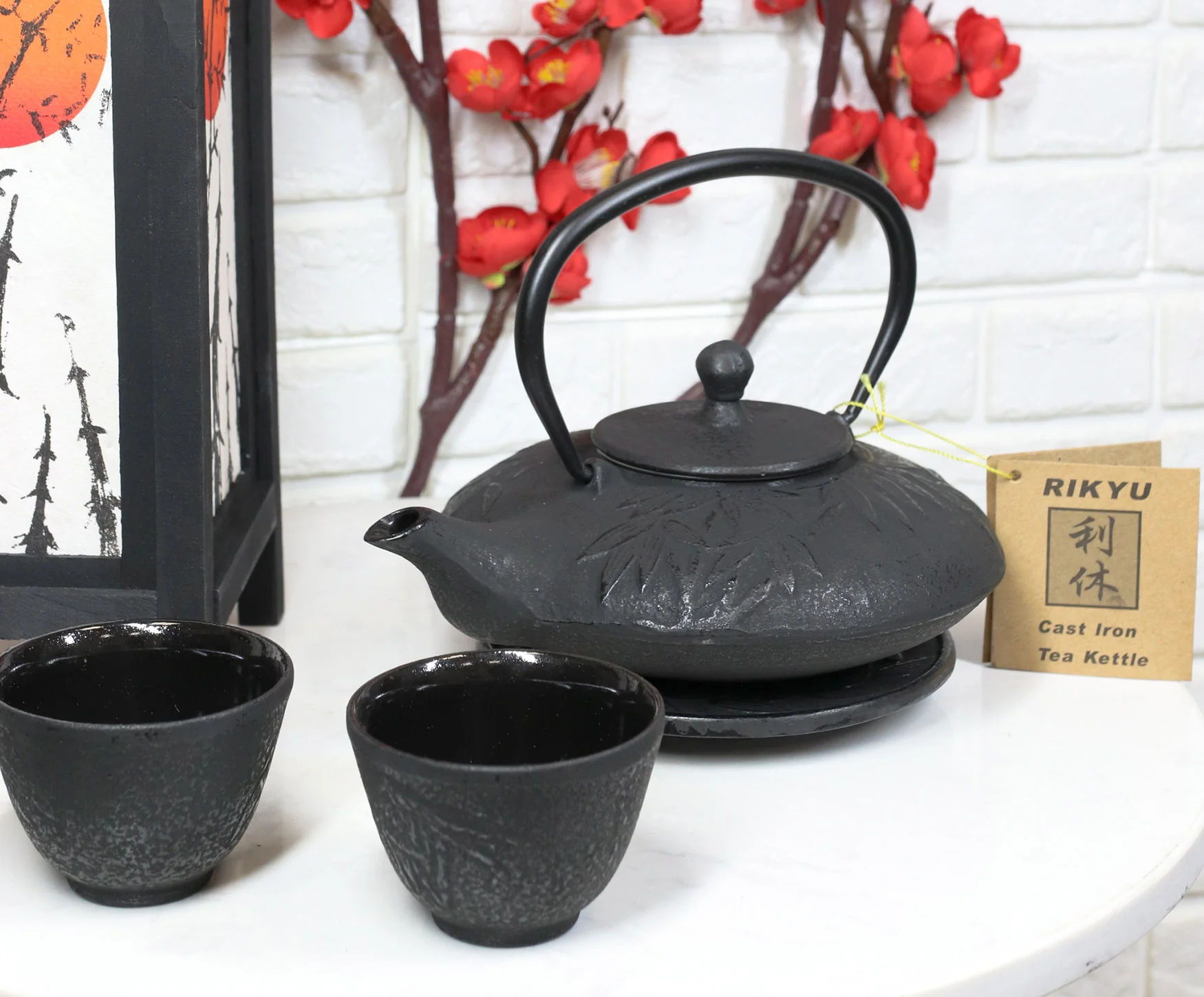 Ebros Japanese Forest Black Heavy Cast Iron Tea Pot Set With Trivet and Cups Set - Image 7