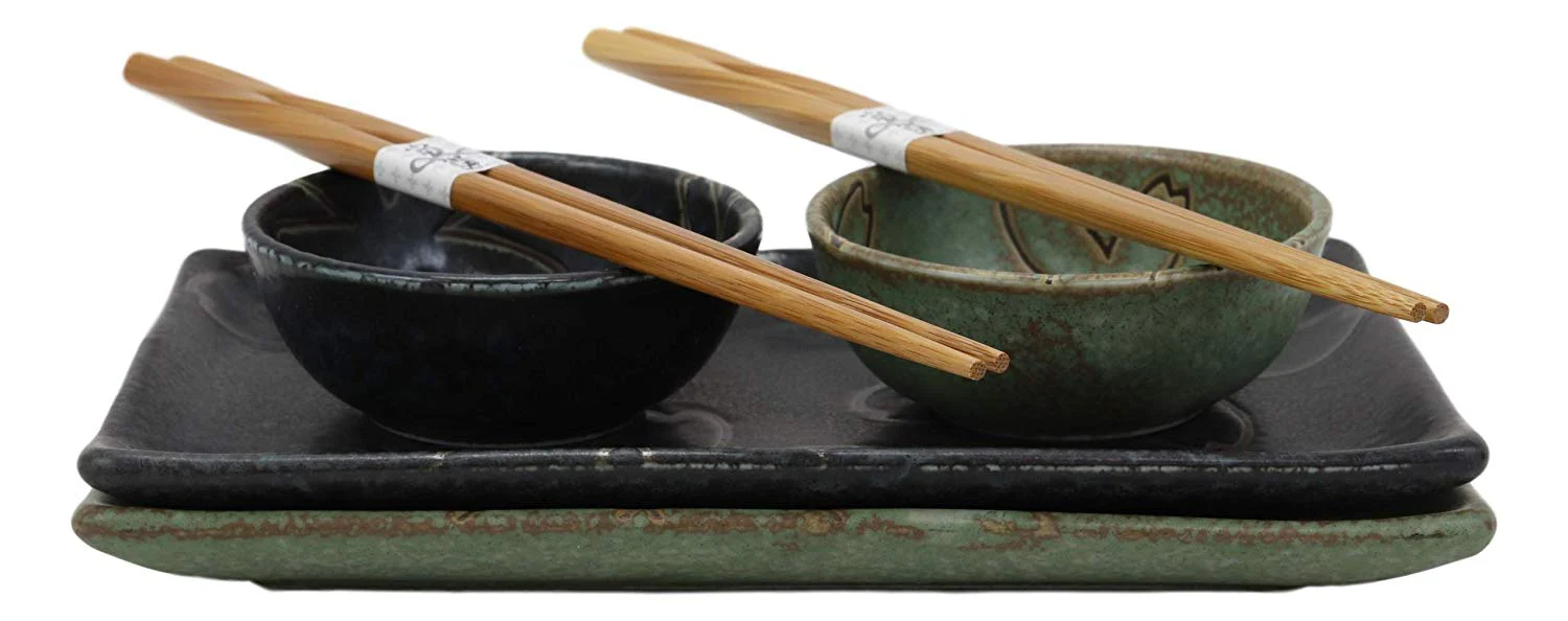 Ebros Gift Japanese Sakura Cherry Blossom Porcelain Sushi Dinnerware 6 Piece Set 2 Each Of Dinner Plates Dipping Soy Sauce Bowls And Bamboo Chopsticks Pair Gift Ideas (Matcha Green And Black Pair) - Image 4