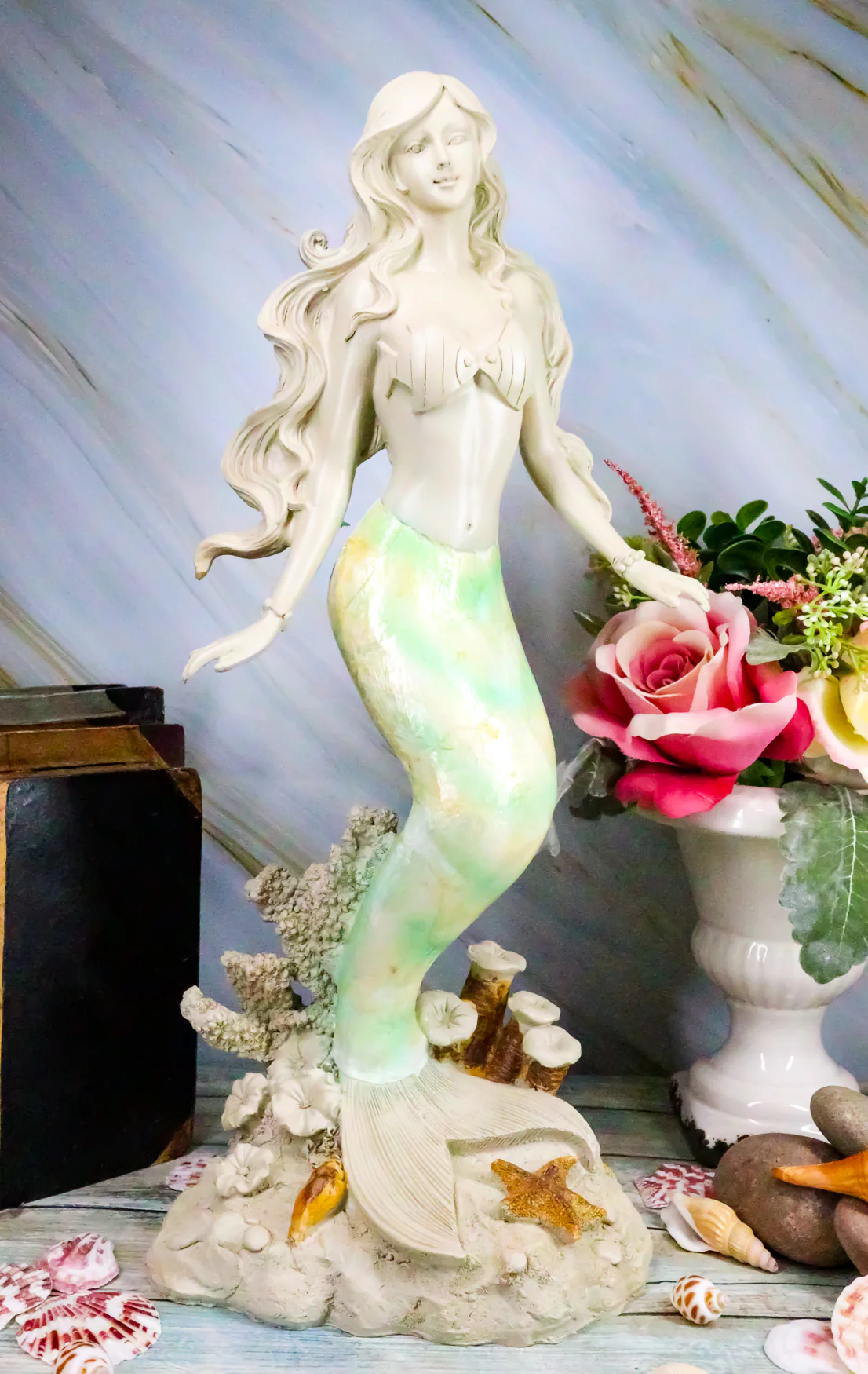 Ebros Ocean Turquoise Mermaid Sitting On Starfish Coral Bed Rock Figurine 18"H - Image 4