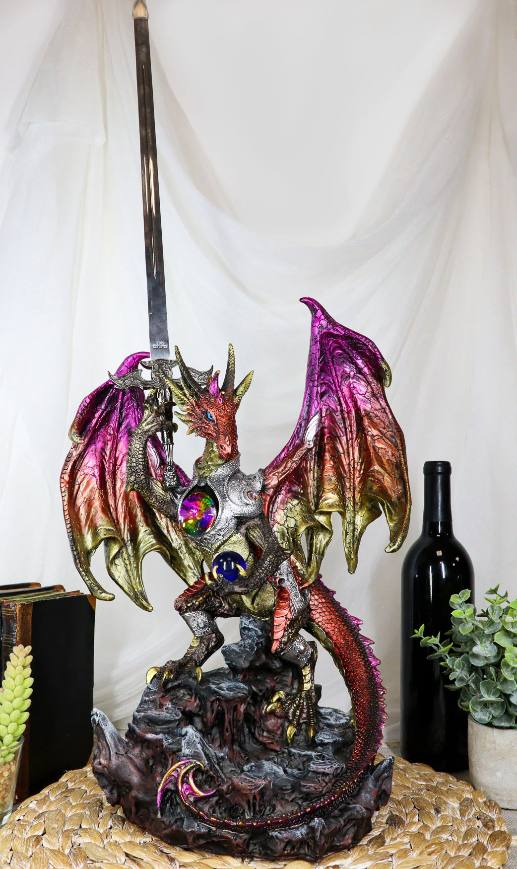Ebros Gift Large Hyperion Red Ember Crystal Heart Armored Dragon Guardian of Orb and Excalibur Dagger Blade Sword Statue 12" Tall Medieval Dungeons and Dragons Fantasy Decorative Sculpture - Image 2