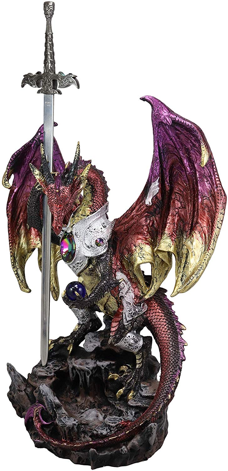 Ebros Gift Large Hyperion Red Ember Crystal Heart Armored Dragon Guardian of Orb and Excalibur Dagger Blade Sword Statue 12" Tall Medieval Dungeons and Dragons Fantasy Decorative Sculpture - Image 3