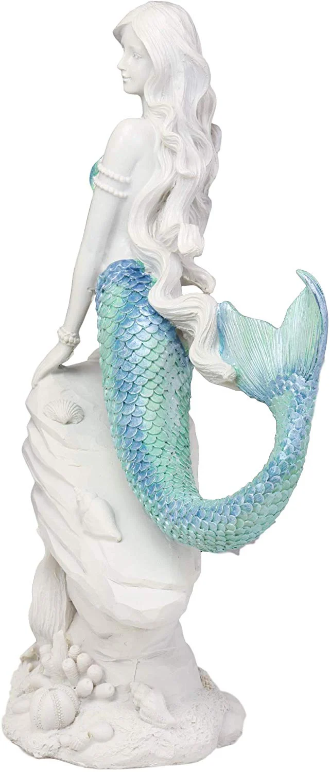 Ebros Gift Large Nautical Capiz Blue Tailed Mermaid by White Coral Rocks Statue Ocean Aquamarine Princess As Coastal Beach Under The Sea Decorative Accent (Leaning On Rocks) - Image 2