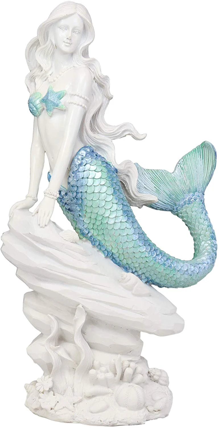 Ebros Gift Large Nautical Capiz Blue Tailed Mermaid by White Coral Rocks Statue Ocean Aquamarine Princess As Coastal Beach Under The Sea Decorative Accent (Leaning On Rocks) - Image 3