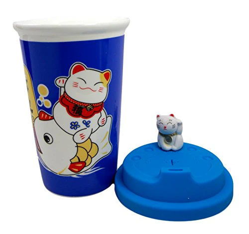 Ebros Gift Lucky Cat Maneki Neko Ceramic Tall Drink Mug Cup With Silicone Lid (Blue) - Image 2