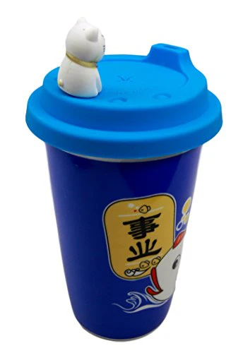 Ebros Gift Lucky Cat Maneki Neko Ceramic Tall Drink Mug Cup With Silicone Lid (Blue) - Image 3