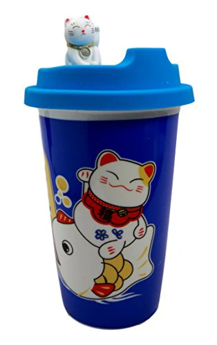 Ebros Gift Lucky Cat Maneki Neko Ceramic Tall Drink Mug Cup With Silicone Lid (Blue) - Image 5