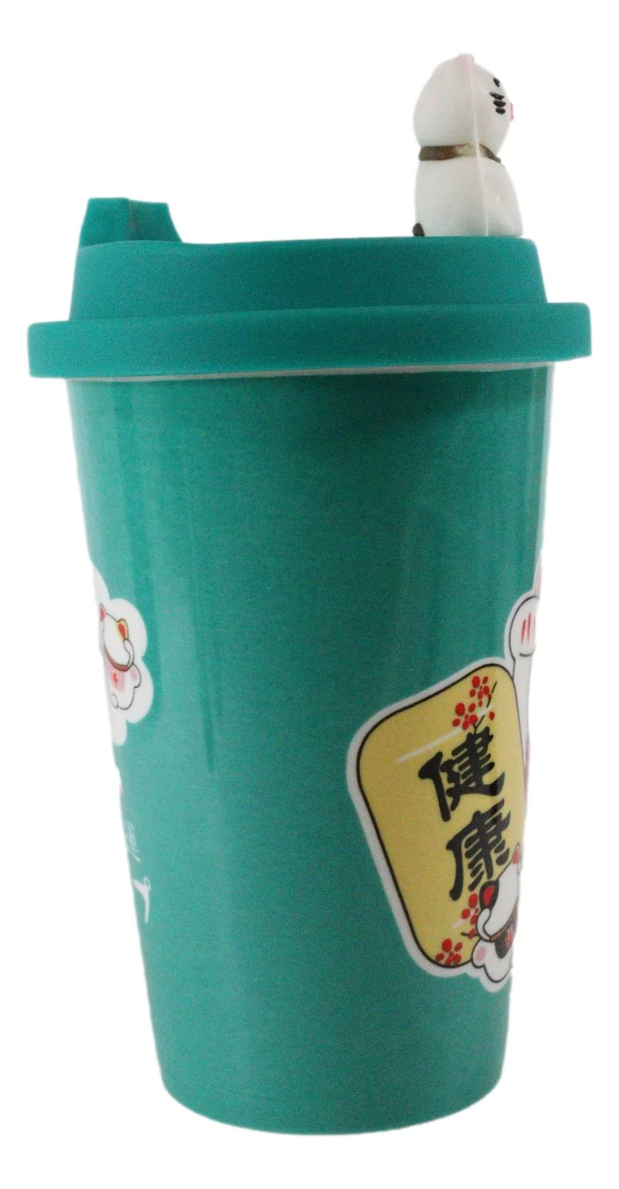 Ebros Gift Lucky Cat Maneki Neko Ceramic Tall Drink Mug Cup With Silicone Lid (Green) - Image 2