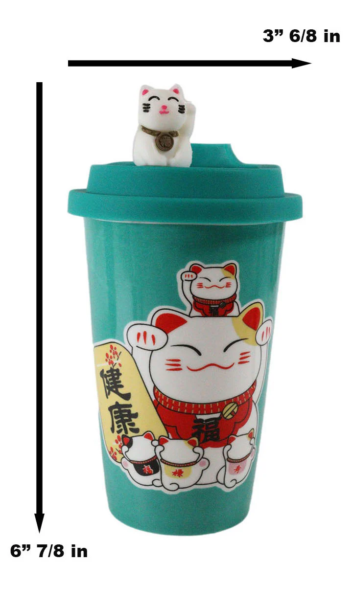 Ebros Gift Lucky Cat Maneki Neko Ceramic Tall Drink Mug Cup With Silicone Lid (Green) - Image 3