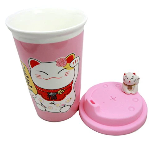 Ebros Gift Lucky Cat Maneki Neko Ceramic Tall Drink Mug Cup With Silicone Lid (Pink) - Image 2