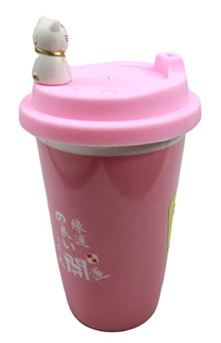 Ebros Gift Lucky Cat Maneki Neko Ceramic Tall Drink Mug Cup With Silicone Lid (Pink) - Image 3