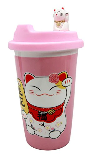 Ebros Gift Lucky Cat Maneki Neko Ceramic Tall Drink Mug Cup With Silicone Lid (Pink) - Image 5