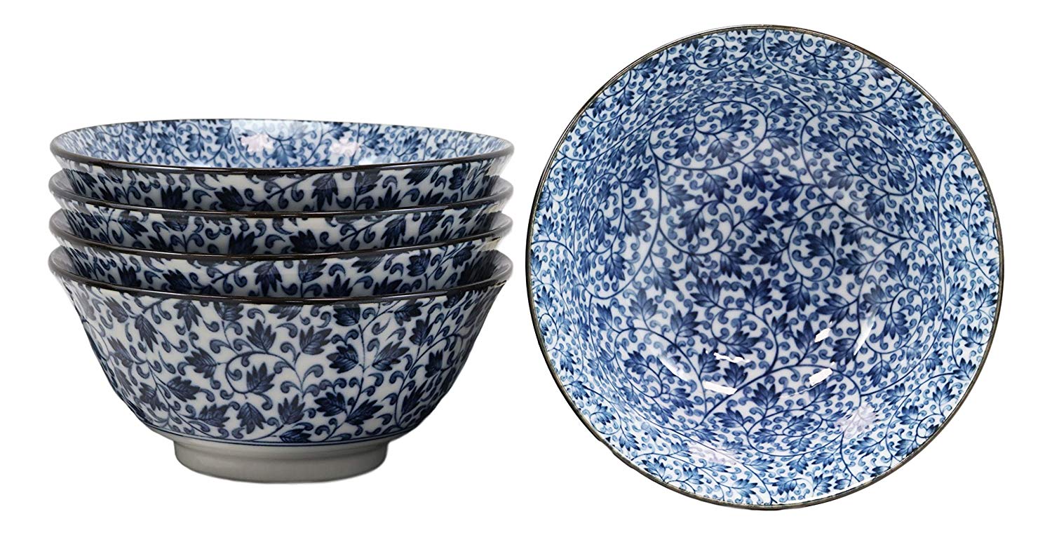 Ebros Gift Made In Japan 6"Diameter 16oz Ramen Soup Rice Pasta Salad Cereal Appetizer Bowls Set of 6 Kitchen Dining Japanese Restaurant Supply Decorative Bowl Designs (Botanic Floral Vines)