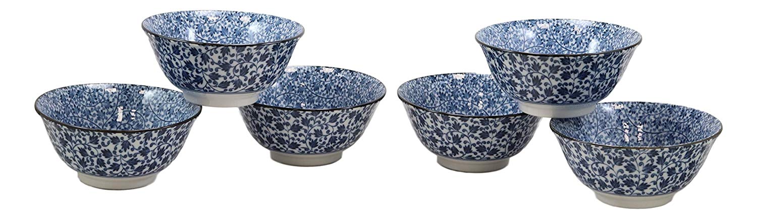Ebros Gift Made In Japan 6"Diameter 16oz Ramen Soup Rice Pasta Salad Cereal Appetizer Bowls Set of 6 Kitchen Dining Japanese Restaurant Supply Decorative Bowl Designs (Botanic Floral Vines) - Image 2