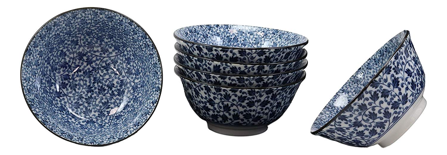 Ebros Gift Made In Japan 6"Diameter 16oz Ramen Soup Rice Pasta Salad Cereal Appetizer Bowls Set of 6 Kitchen Dining Japanese Restaurant Supply Decorative Bowl Designs (Botanic Floral Vines) - Image 3