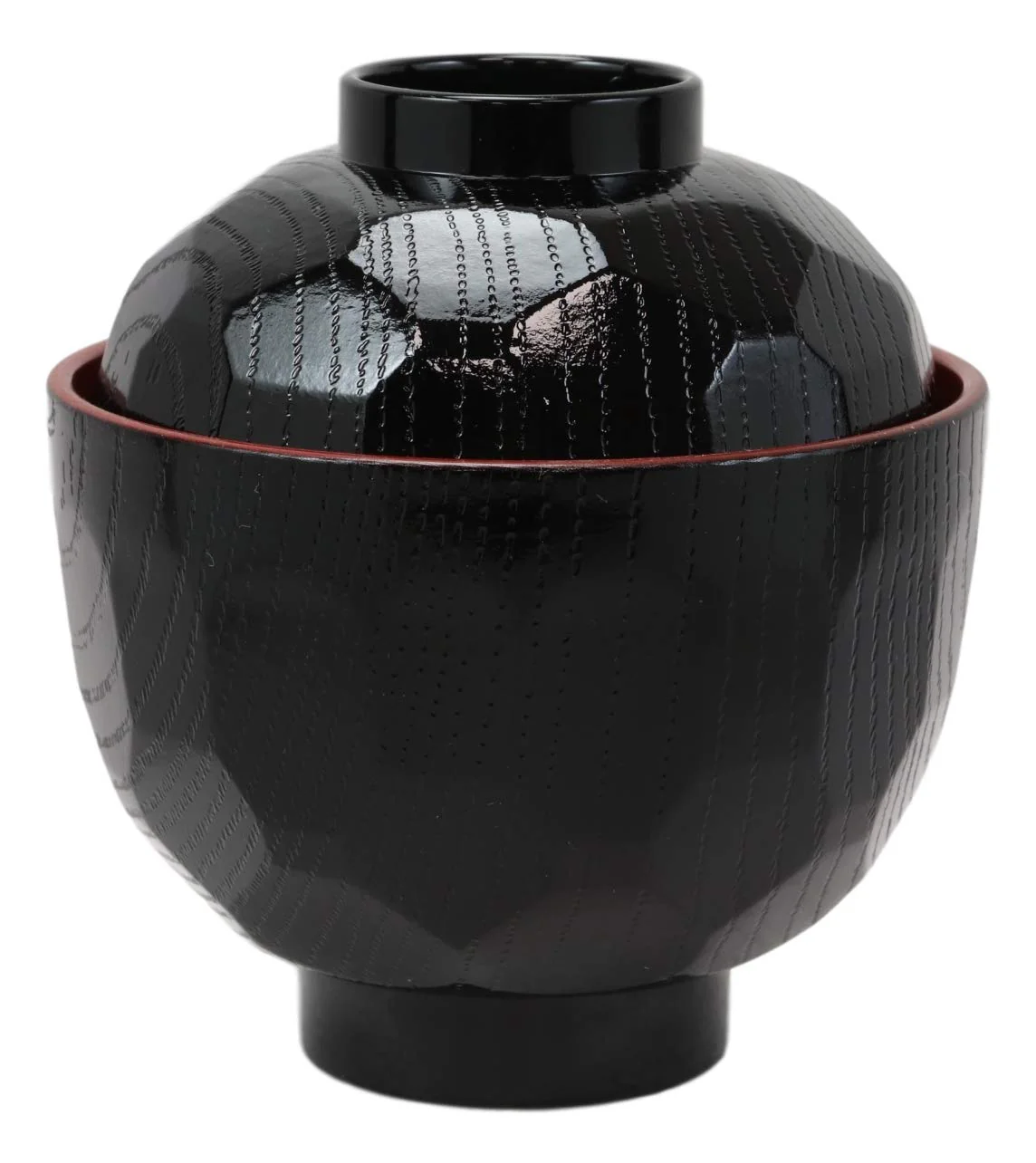 Made In Japan Honeycomb Ridged Black Red Lacquer Plastic Bowl With Lid Set of 6 - Image 3