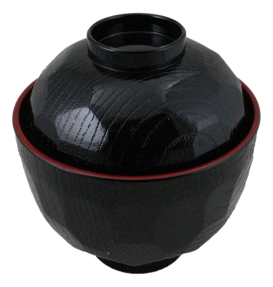Made In Japan Honeycomb Ridged Black Red Lacquer Plastic Bowl With Lid Set of 6 - Image 5