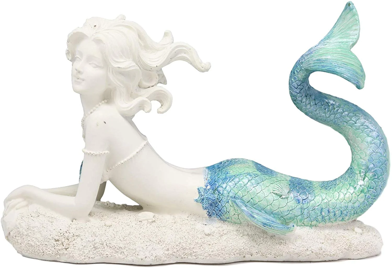 Ebros Gift Nautical Capiz Blue Tailed Siren Mermaid with Seashell and Starfish Statue Ocean Aquamarine Princess Coastal Beach Under The Sea Decorative Accent (Resting On Seabed) - Image 2