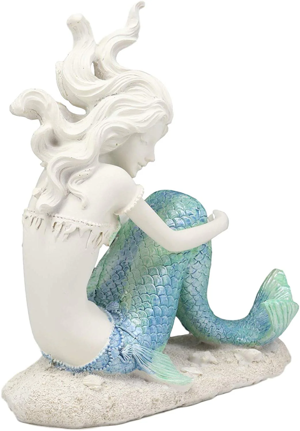 Ebros Gift Nautical Capiz Blue Tailed Siren Mermaid with Seashell and Starfish Statue Ocean Aquamarine Princess Coastal Beach Under The Sea Decorative Accent (Sitting On Seabed) - Image 2