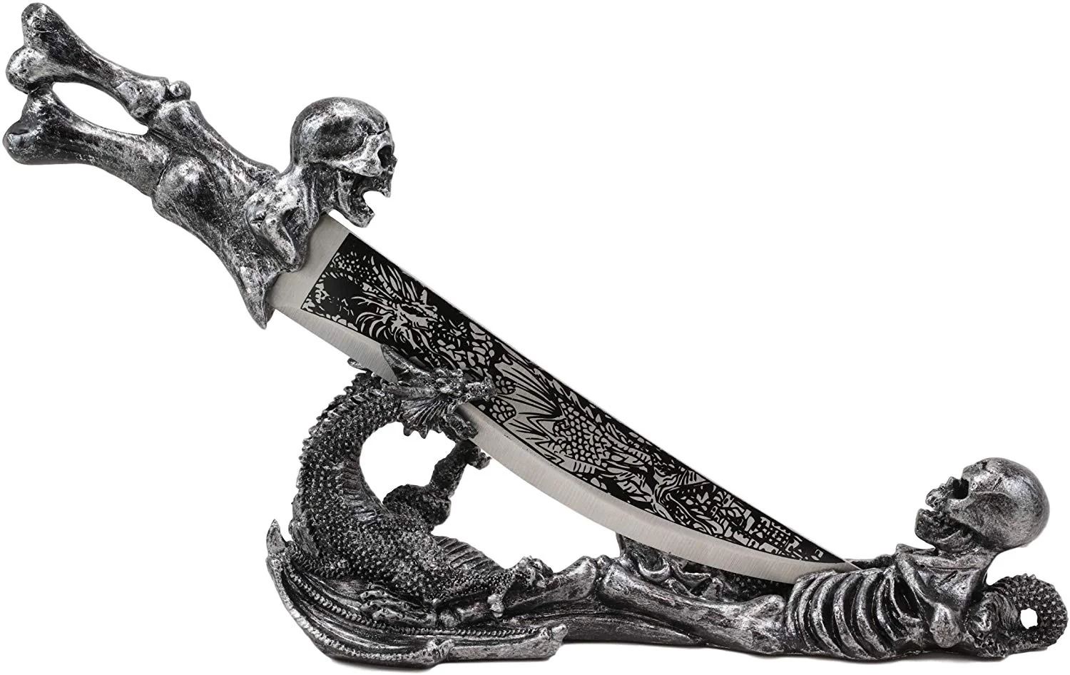 Ebros Gift Obsidian Athame Dragon Blade Letter Opener with Skeleton Base Stand - Image 3