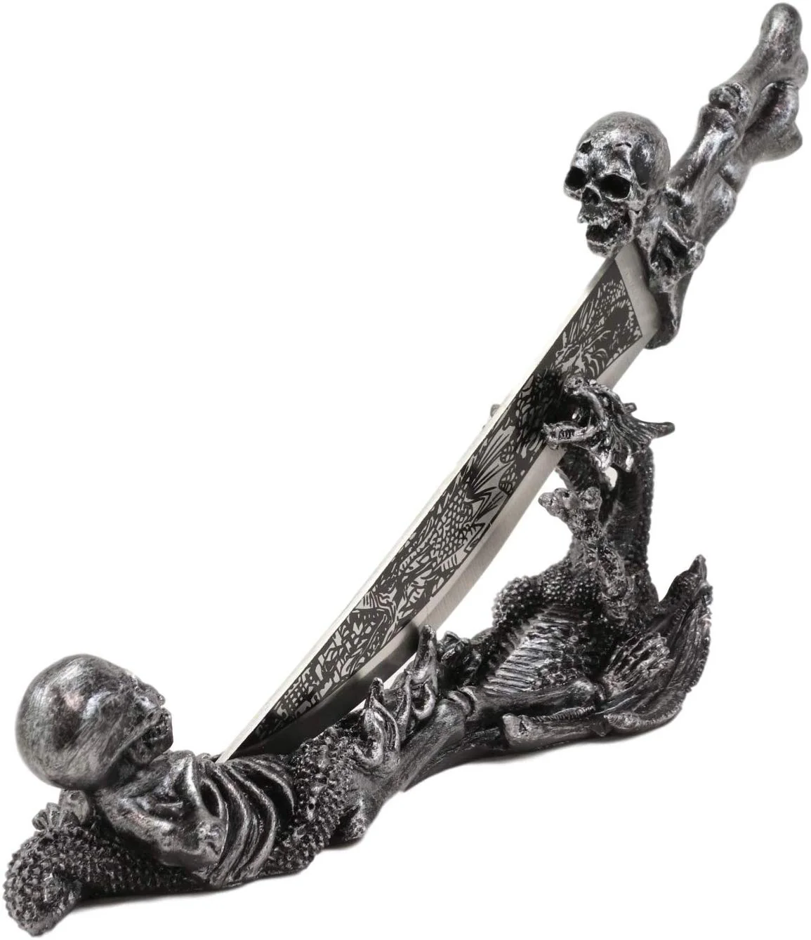 Ebros Gift Obsidian Athame Dragon Blade Letter Opener with Skeleton Base Stand - Image 4