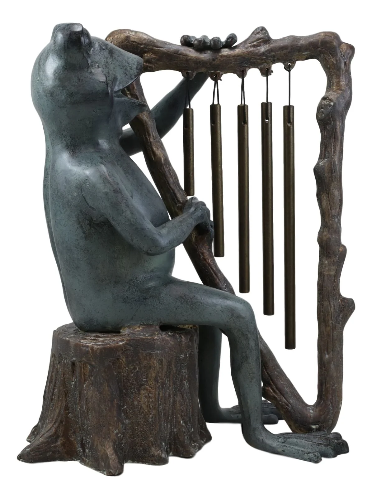 Ebros Gift Pond Paradise Whimsical Green Frog Playing The Harp Tube Resonant Wind Chime Garden Statue 13.25" Tall Patio Home Pool Deck Accent - Image 3