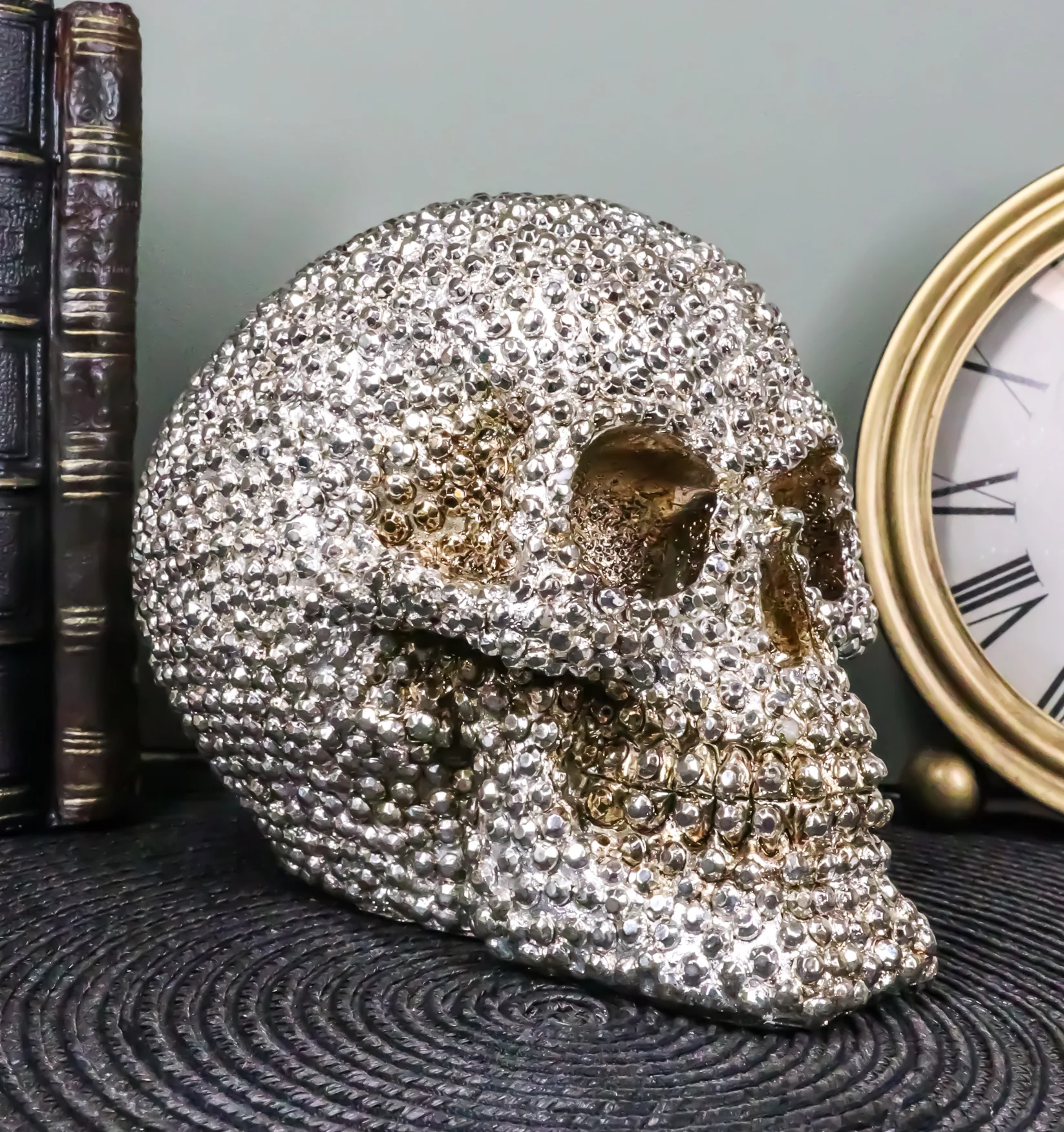 Ebros Gift Realistic Chrome Silver Bead Stone Bling Skull Figurine 6.25" L - Image 7