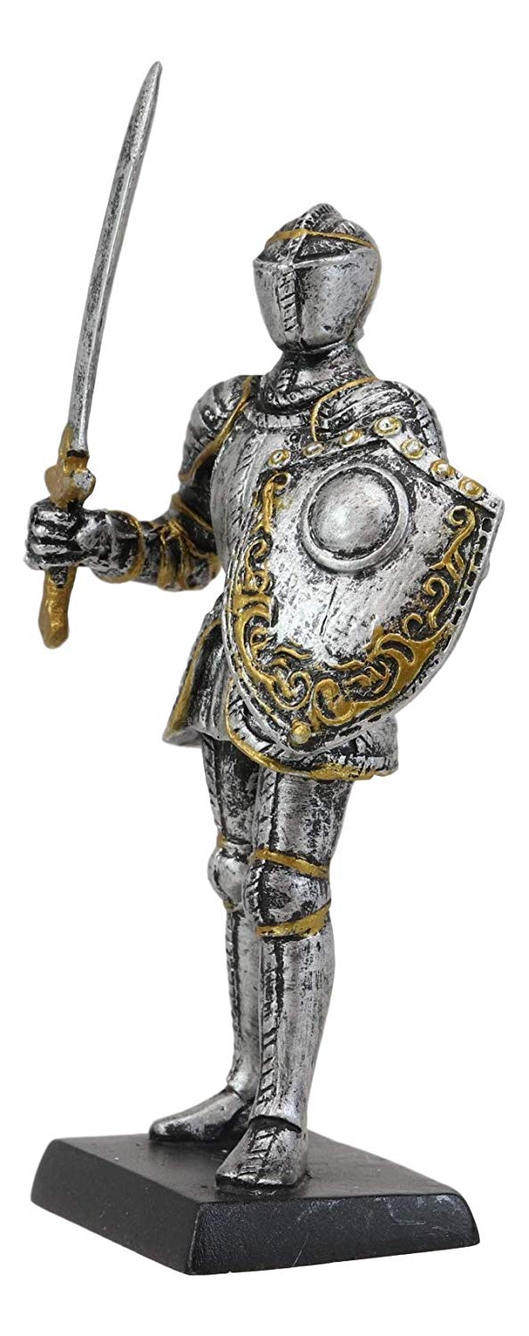 Ebros Gift Renaissance Medieval Royal Knight with Long Sword and Large Shield Figurine 5" H Suit of Armor Dollhouse Miniature Knights Sculpture Decor European Empire War Soldier Statue - Image 2