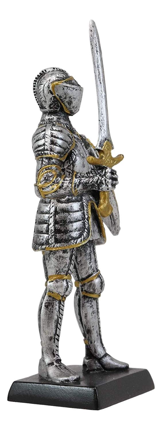 Ebros Gift Renaissance Medieval Royal Knight with Long Sword and Large Shield Figurine 5" H Suit of Armor Dollhouse Miniature Knights Sculpture Decor European Empire War Soldier Statue - Image 3