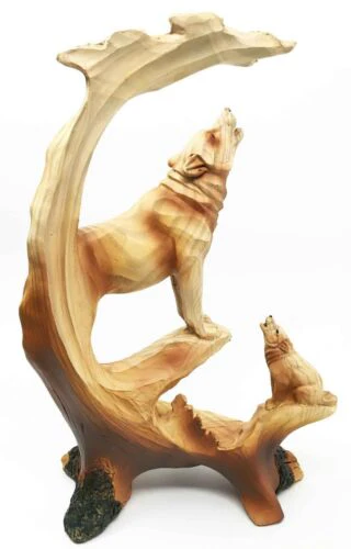 Ebros Gift Rustic Faux Wood Forest Scene Full Moon Howling Gray Wolf With Pup Figurine Collectible Nature Statue - Image 2
