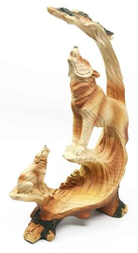 Ebros Gift Rustic Faux Wood Forest Scene Full Moon Howling Gray Wolf With Pup Figurine Collectible Nature Statue - Image 3
