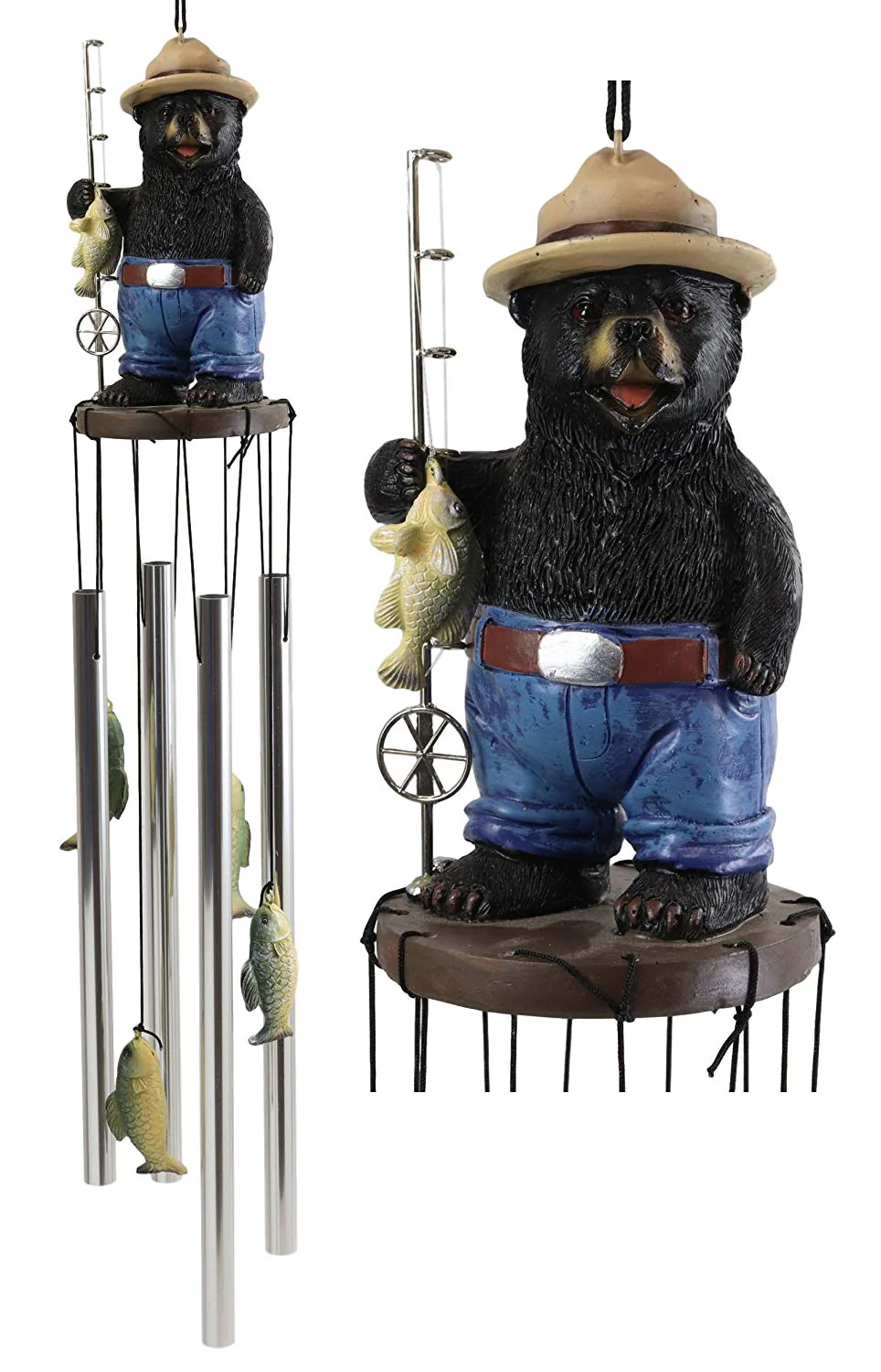 Rustic Western Fishing Hillbilly Black Bear With Rod & Bass Figurine Wind Chime - Image 2