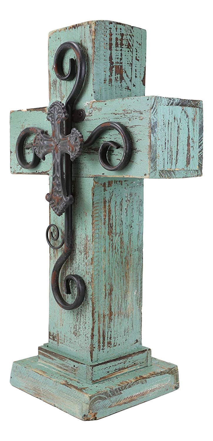 Ebros Rustic Western Wooden Turquoise Standing Cross Statue With Metal 3D Art - Image 4