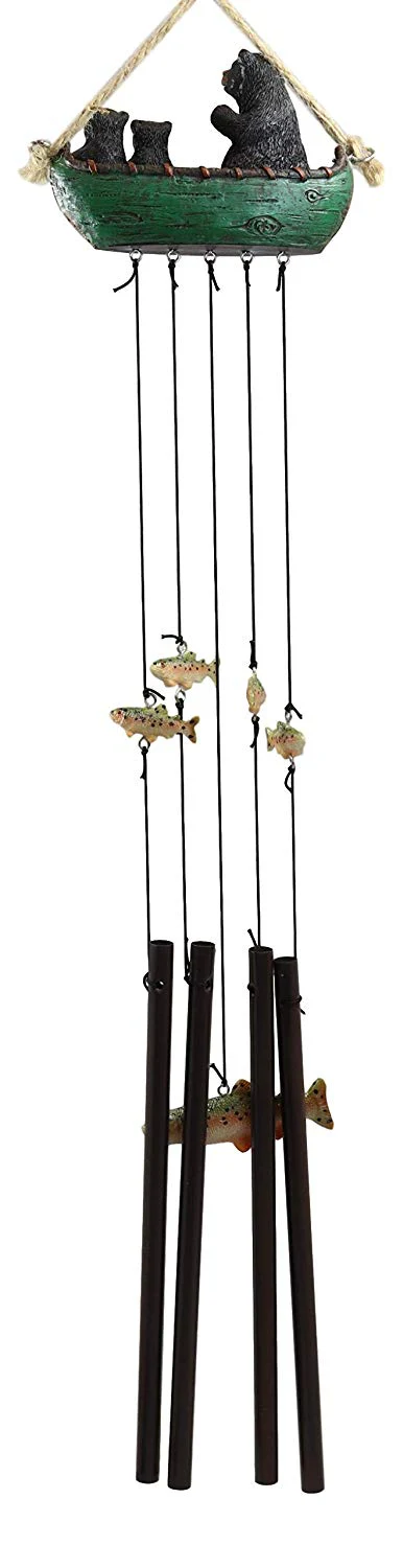 Ebros Gift Rustic Woodland Forest Black Bear Mother and 2 Cubs Family Rowing Canoe Boat Figurine Top Resonant Wind Chime with Fish Ornaments Garden Patio Rustic Cabin Lodge Mountain River Home Accent - Image 2