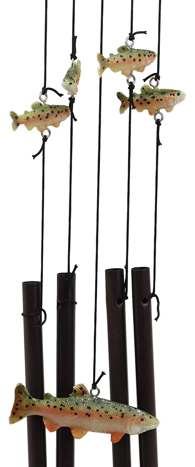 Ebros Gift Rustic Woodland Forest Black Bear Mother and 2 Cubs Family Rowing Canoe Boat Figurine Top Resonant Wind Chime with Fish Ornaments Garden Patio Rustic Cabin Lodge Mountain River Home Accent - Image 3
