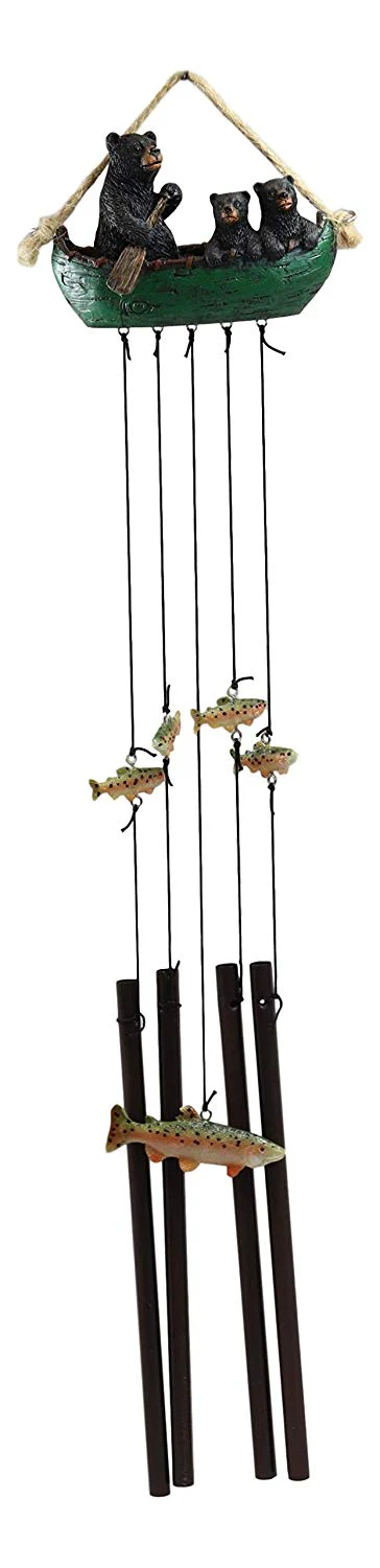 Ebros Gift Rustic Woodland Forest Black Bear Mother and 2 Cubs Family Rowing Canoe Boat Figurine Top Resonant Wind Chime with Fish Ornaments Garden Patio Rustic Cabin Lodge Mountain River Home Accent - Image 4