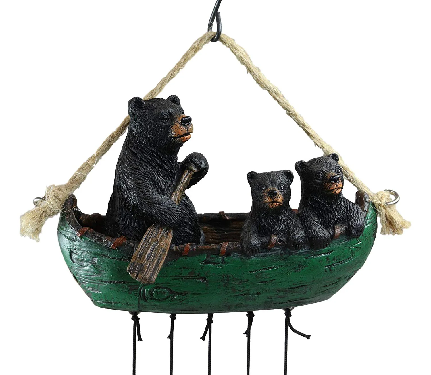 Ebros Gift Rustic Woodland Forest Black Bear Mother and 2 Cubs Family Rowing Canoe Boat Figurine Top Resonant Wind Chime with Fish Ornaments Garden Patio Rustic Cabin Lodge Mountain River Home Accent - Image 5