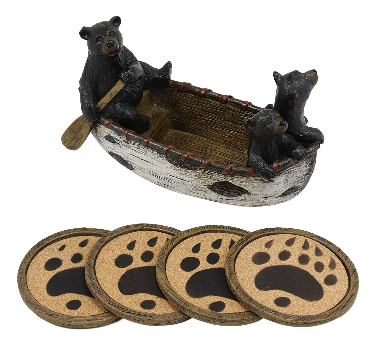 Ebros Gift Rustic Woodlands 3 Black Bears Family On Paddle Canoe Boat Bear Paw Coaster Set 4 Round Coasters with Figurine Holder 7" Long Cabin Lodge Mountain Lake Side Home Decor Kitchen Accent - Image 4