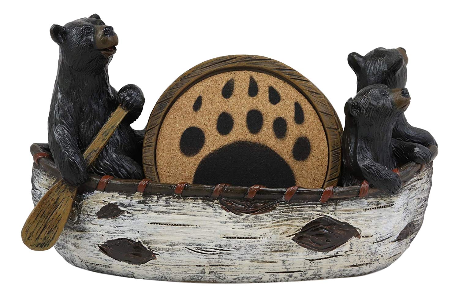 Ebros Gift Rustic Woodlands 3 Black Bears Family On Paddle Canoe Boat Bear Paw Coaster Set 4 Round Coasters with Figurine Holder 7" Long Cabin Lodge Mountain Lake Side Home Decor Kitchen Accent - Image 5