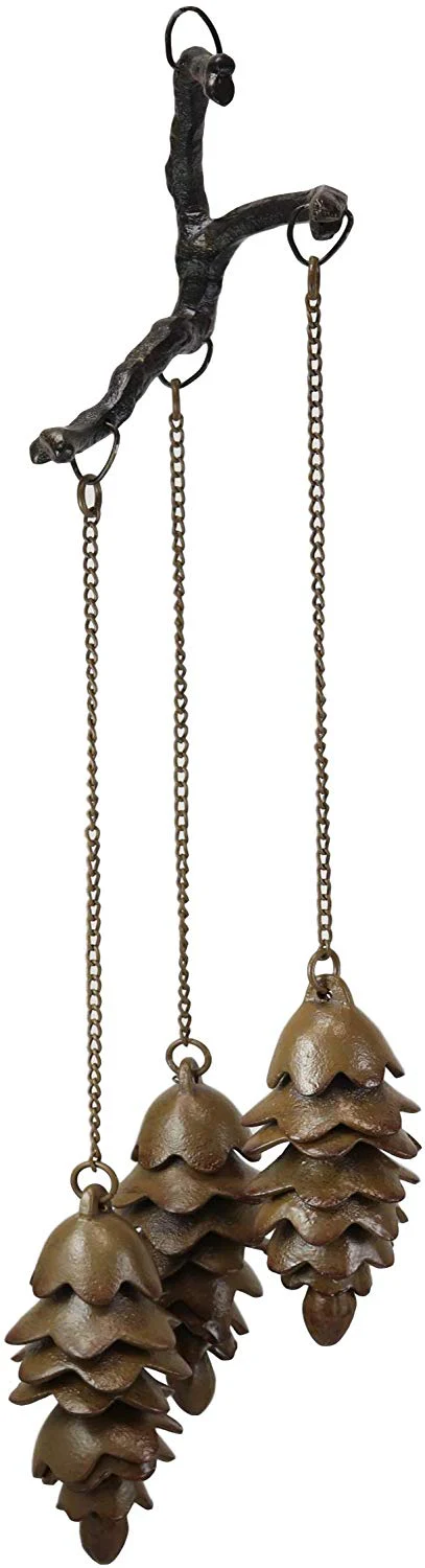 Ebros Gift Rustic Woodlands Cast Iron Triple Pine Cones Hanging from Twigs Resonant Wind Chime 27.5" High Pinecone Hanging Ornaments Garden Patio Western Cabin Lodge Mountain Home Accent - Image 3
